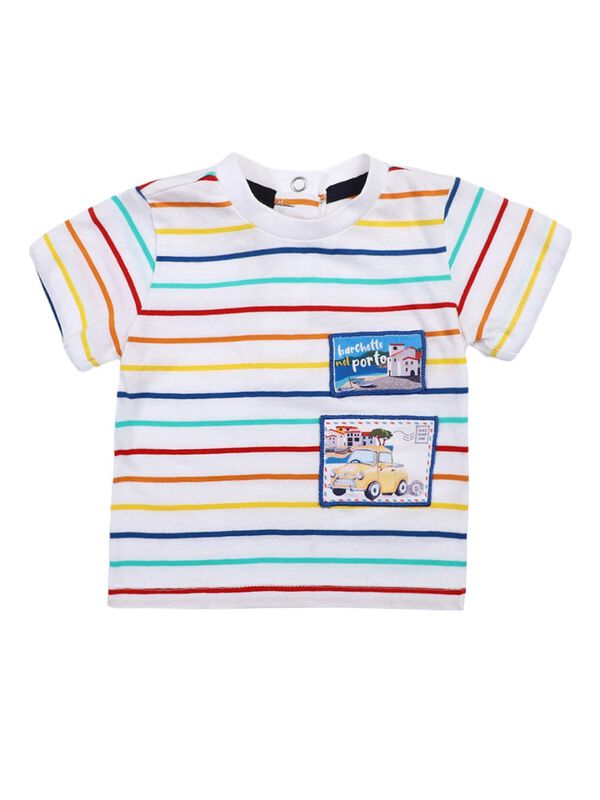 Boys White Striped Short Sleeve Knitted T- Shirt image number 0